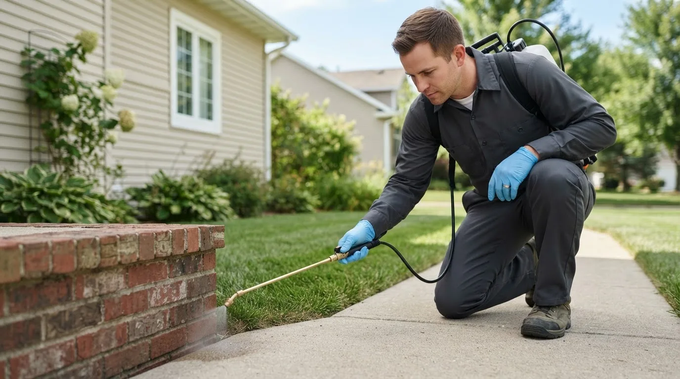 Pest control technician treating a home near Corbett, OR